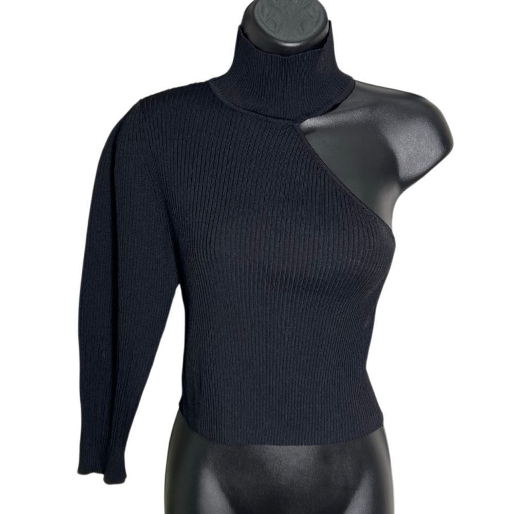 Zara Black Ribbed One Shoulder Turtle Neck asymmetric top Size Large